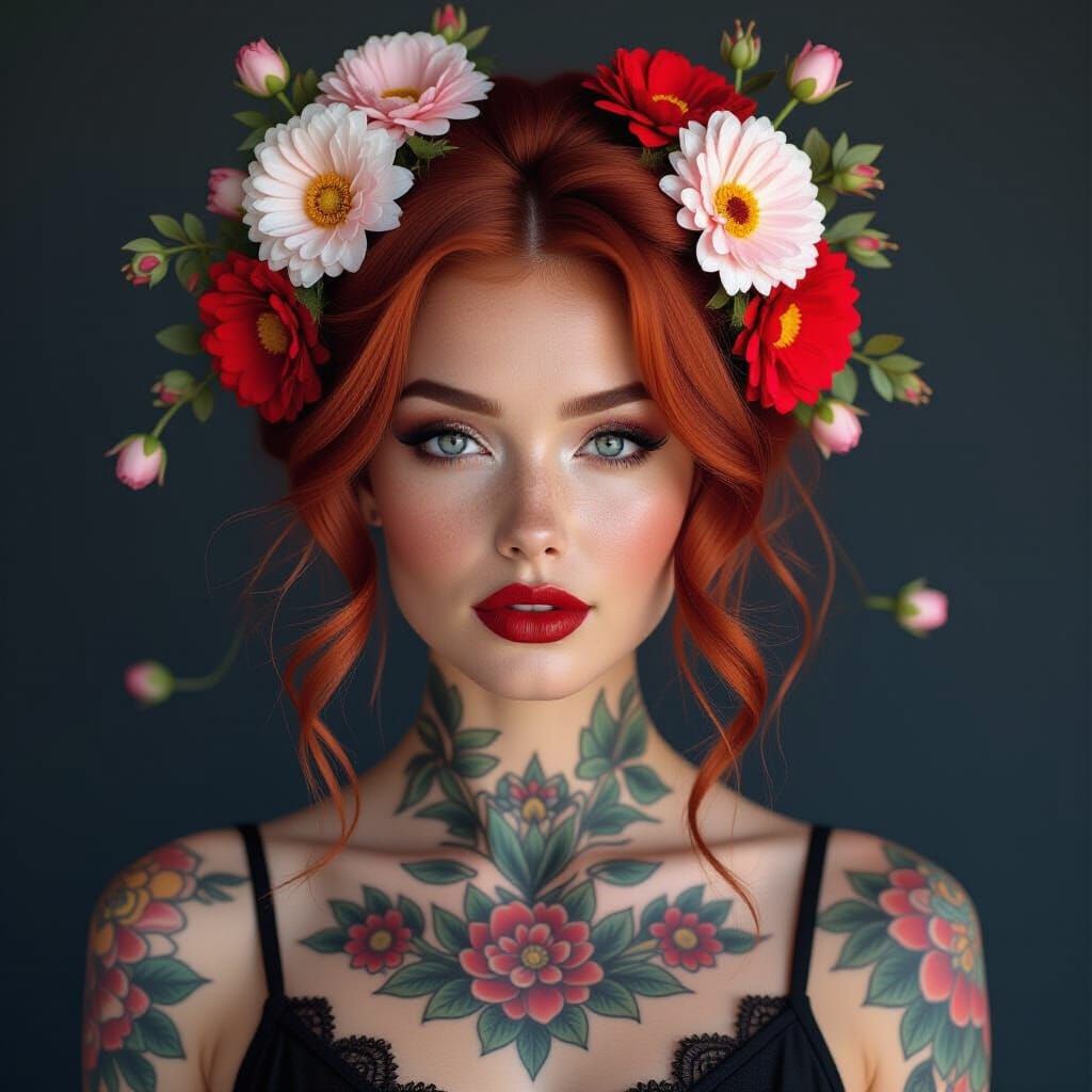Surreal Woman Portrait with Floral Tattoos