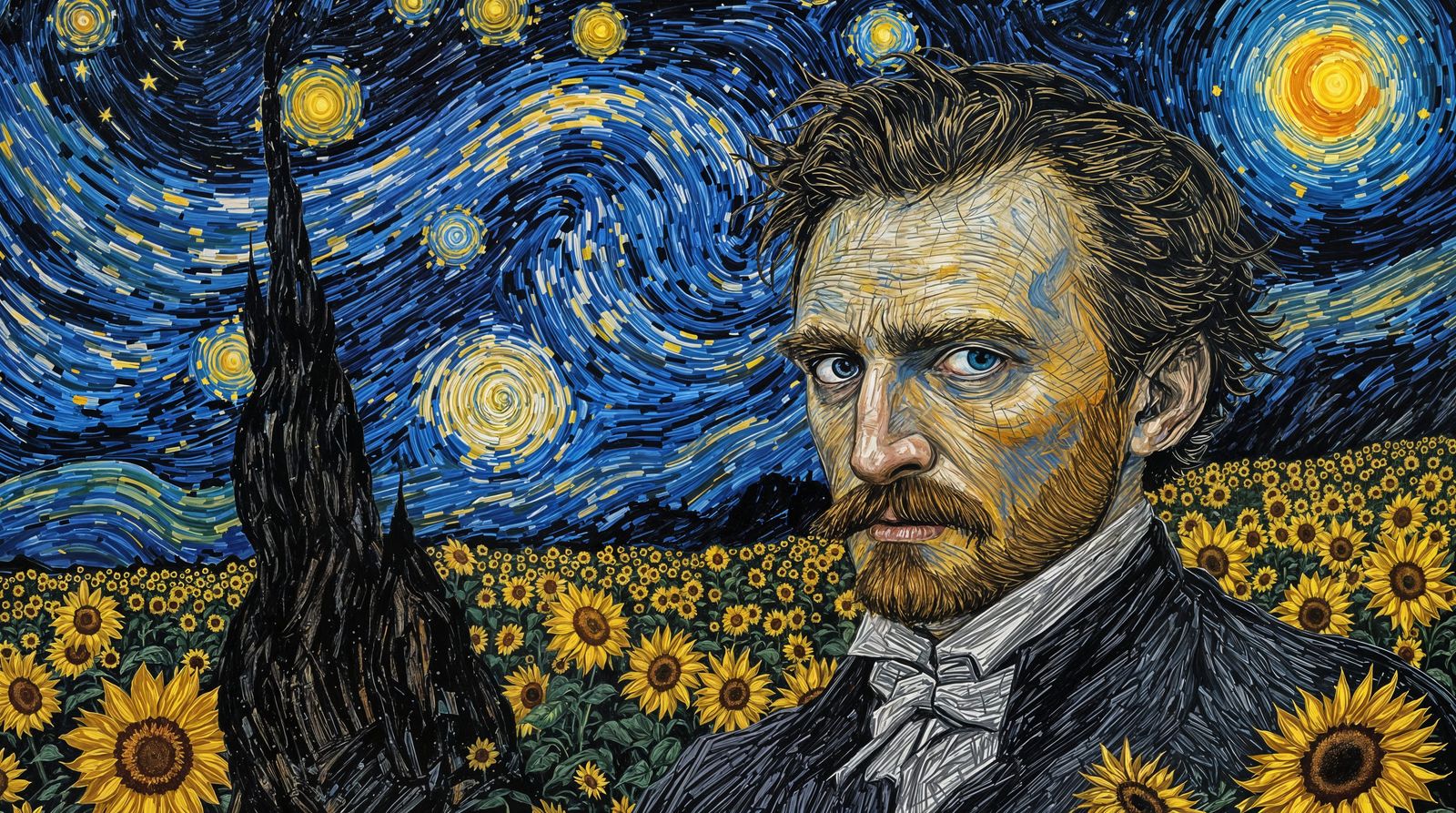 Ethereal Portrait of a Gothic Artist in a Starry Sunflower F...