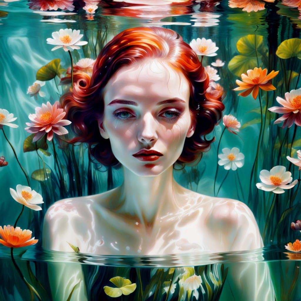 Underwater Muse in Glass Bathtub, Luminous Airbrush Style