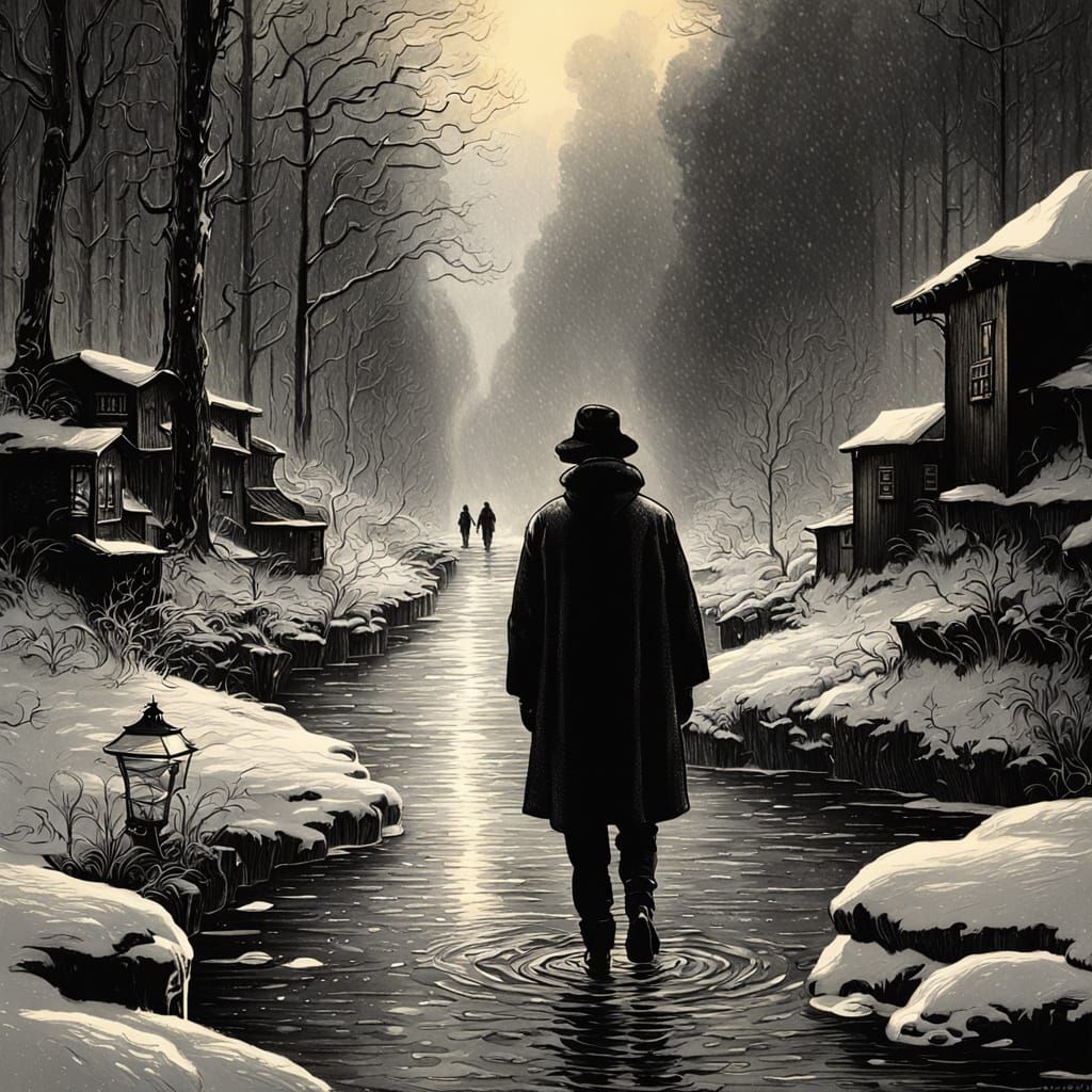 Art Nouveau Winter River Scene in Charcoal