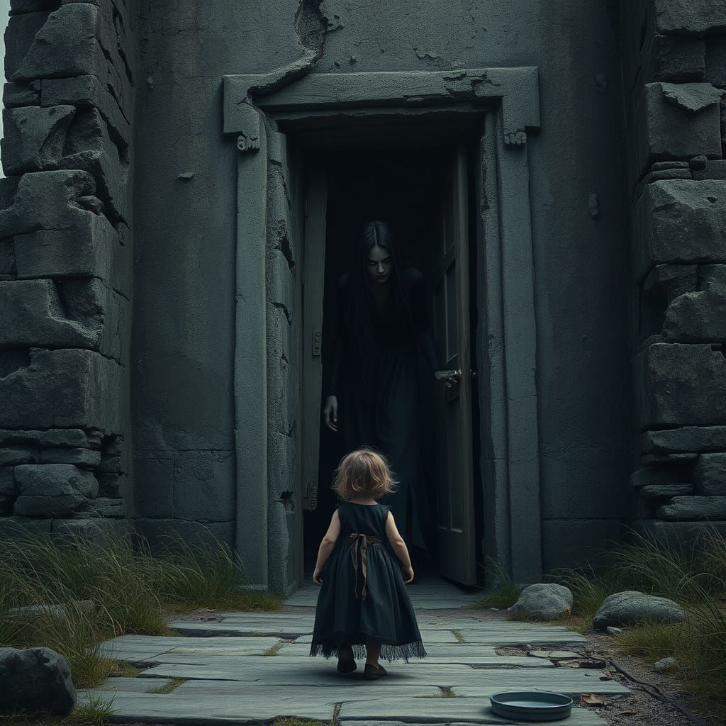 Mysterious Woman in Ancient Tower, Dark Fantasy Scene in Pho...