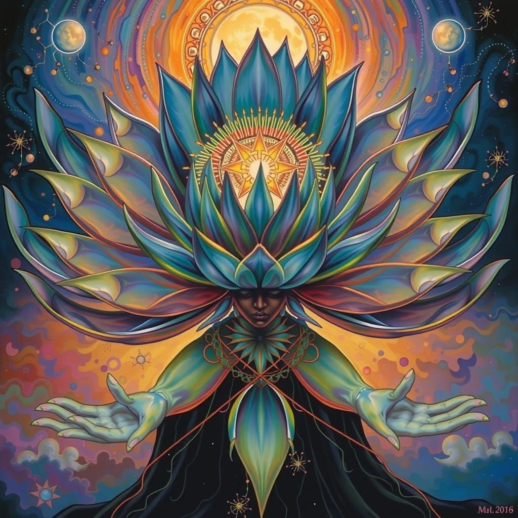 Divine Cosmic Goddess in Black Lotus Bloom Oil Painting