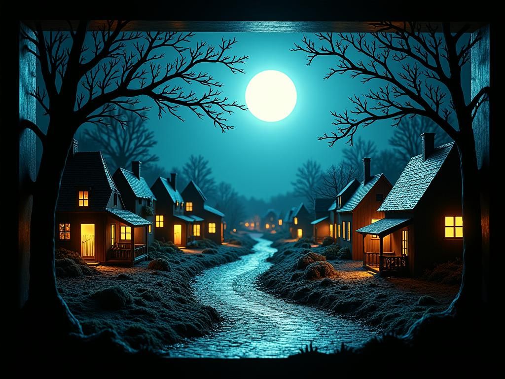 Grisaille Shadowbox Diorama of a Sleeping Village