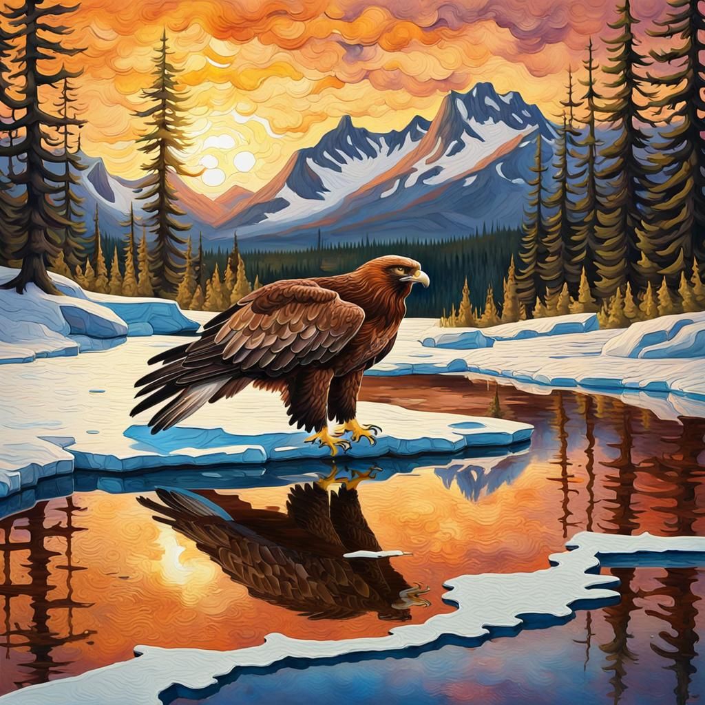 Golden Eagle in Alaskan Sunset: Gouache Watercolor Art