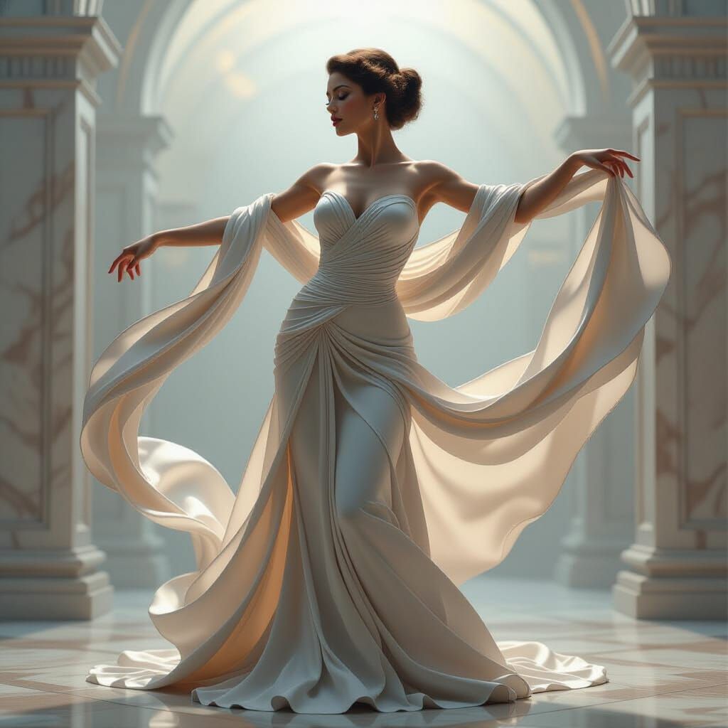 Serpentine Dancer in Flowing Silk: A 3D Render