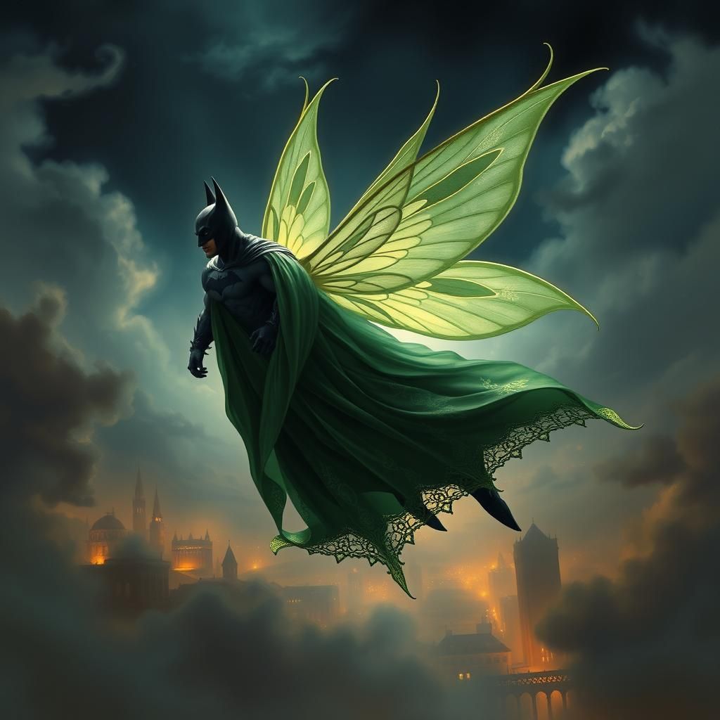 Batman Fairy Soaring Through Gotham, Dreamlike Art
