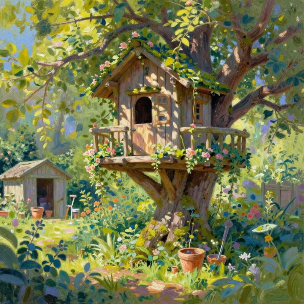 Whimsical Treehouse in Lush Garden, Storybook Illustration S...