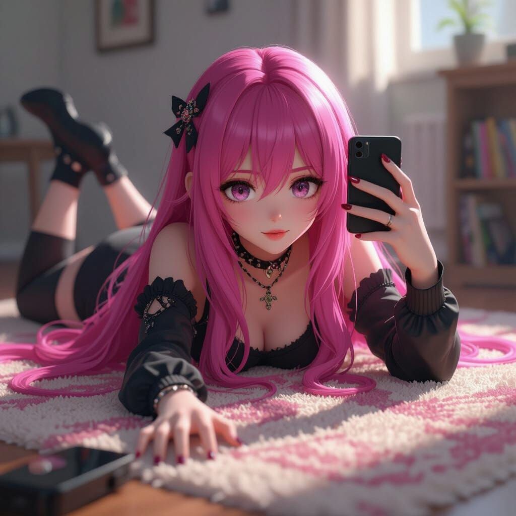 Gothic Emo Punk Woman Taking Selfies in 3D Anime Style