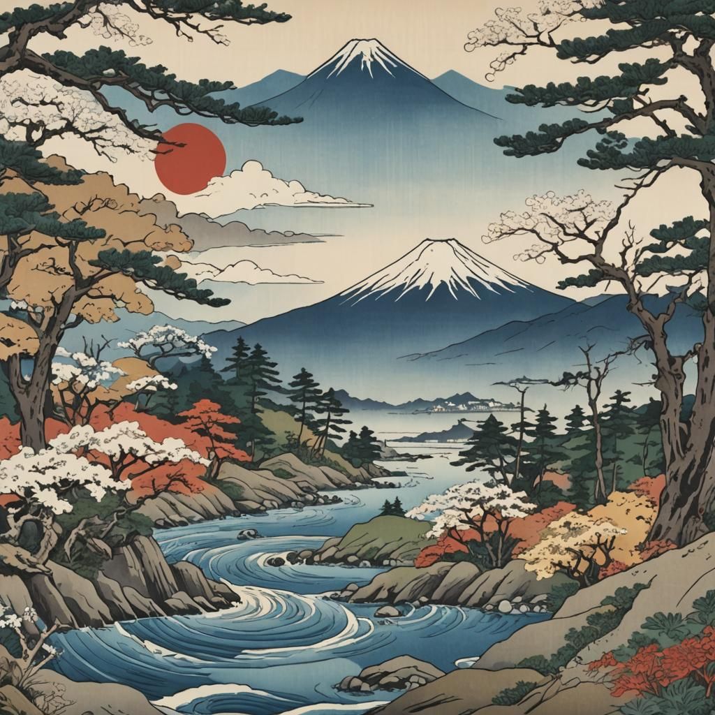 Mount Fuji in Ukiyo-e Japanese Woodblock Style