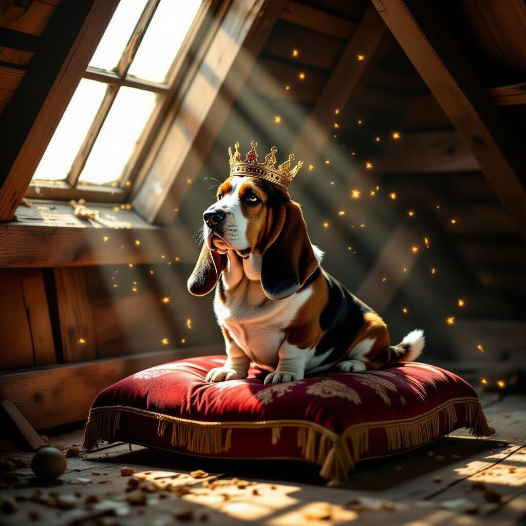Regal Basset Hound in Dusty Attic