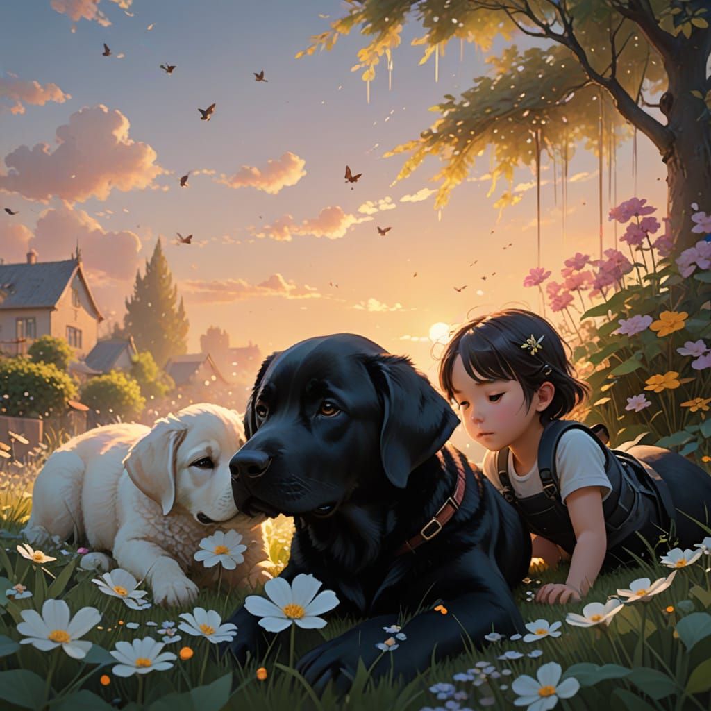 Serene Twilight Garden with Sleeping Child and Black Lab Pup...