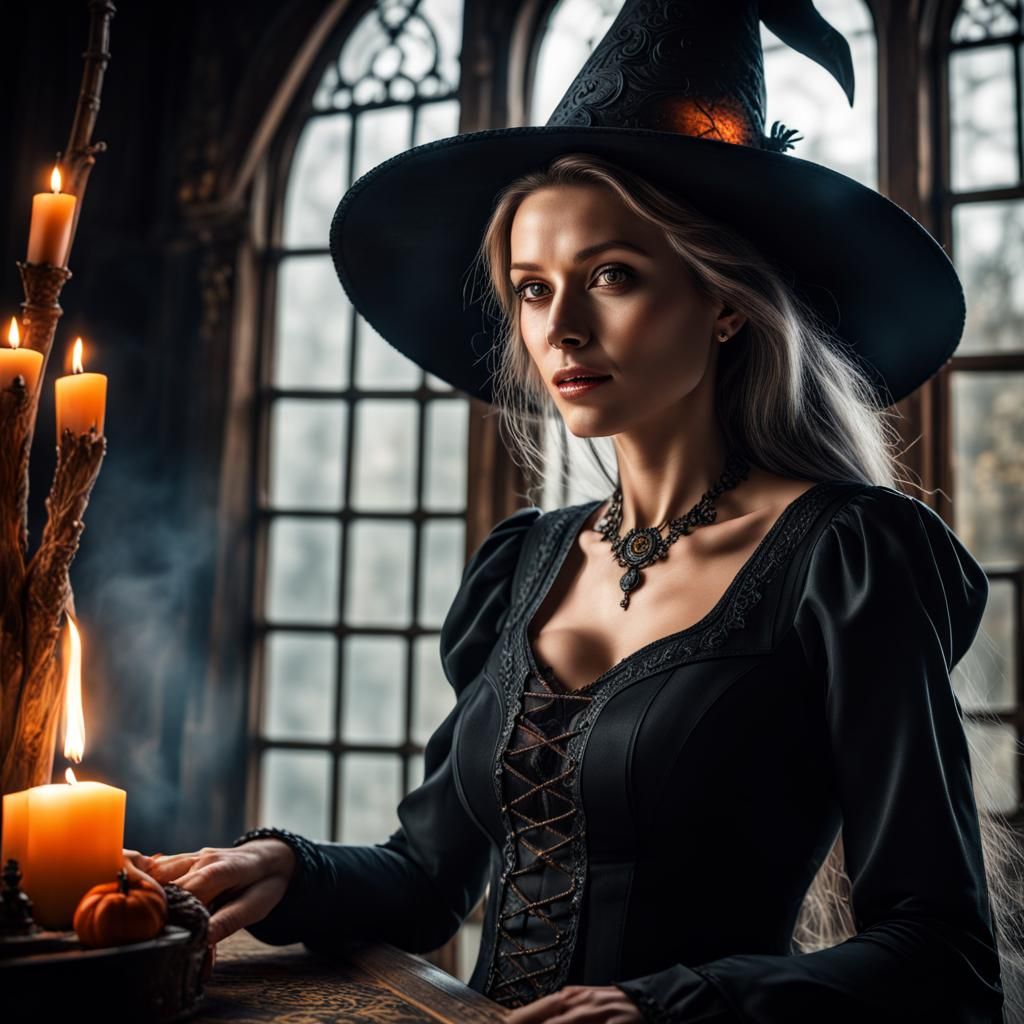 Detailed Witch in Magical Home: Hyperrealistic Image