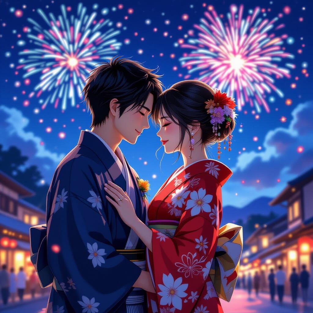 Romantic Japanese Festival Embrace Under Fireworks