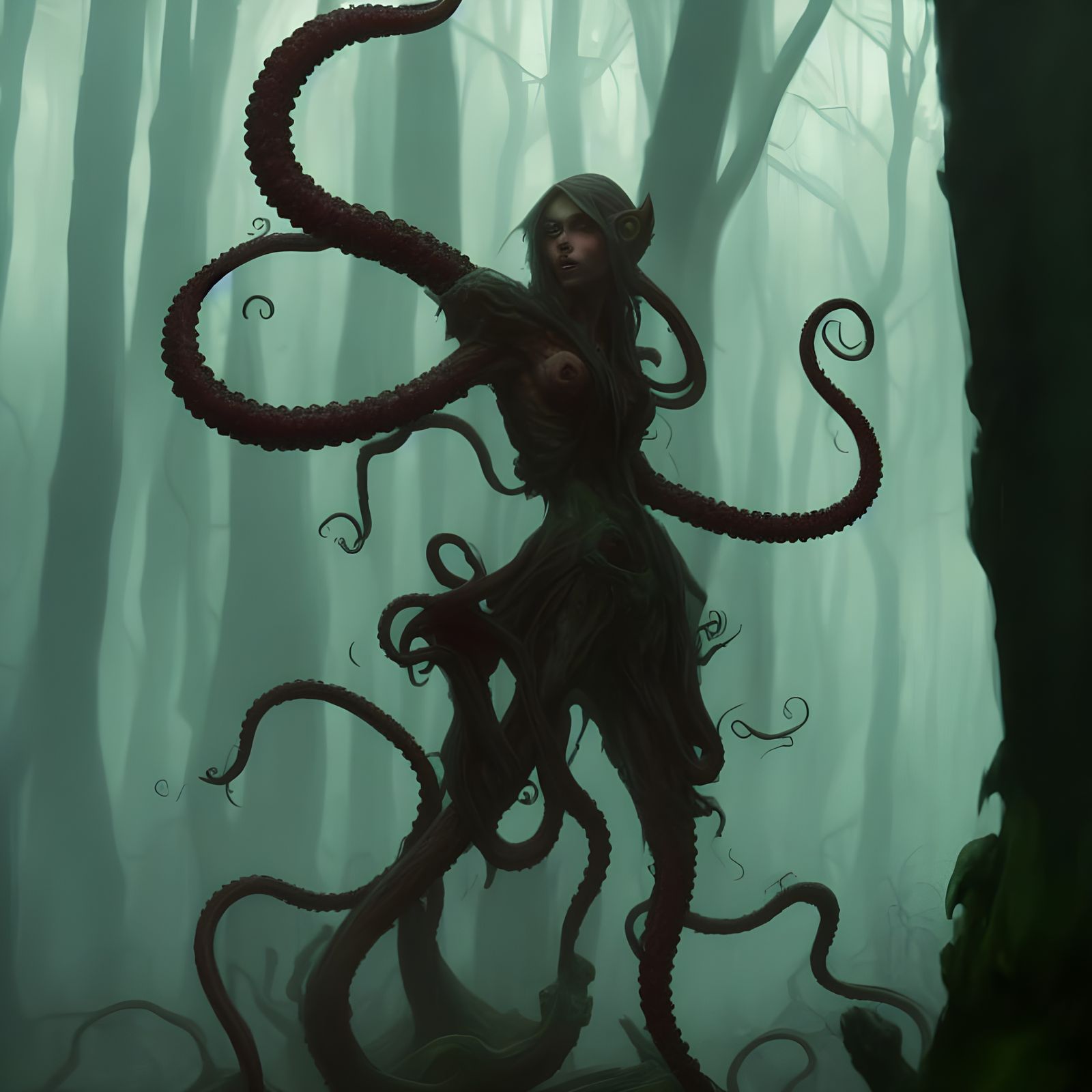 Mutated Elf with Tentacles in Dark Fantasy Style