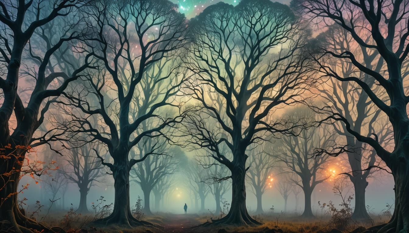 Ethereal Trees in Astral Fog: Pablo Amaringo Style