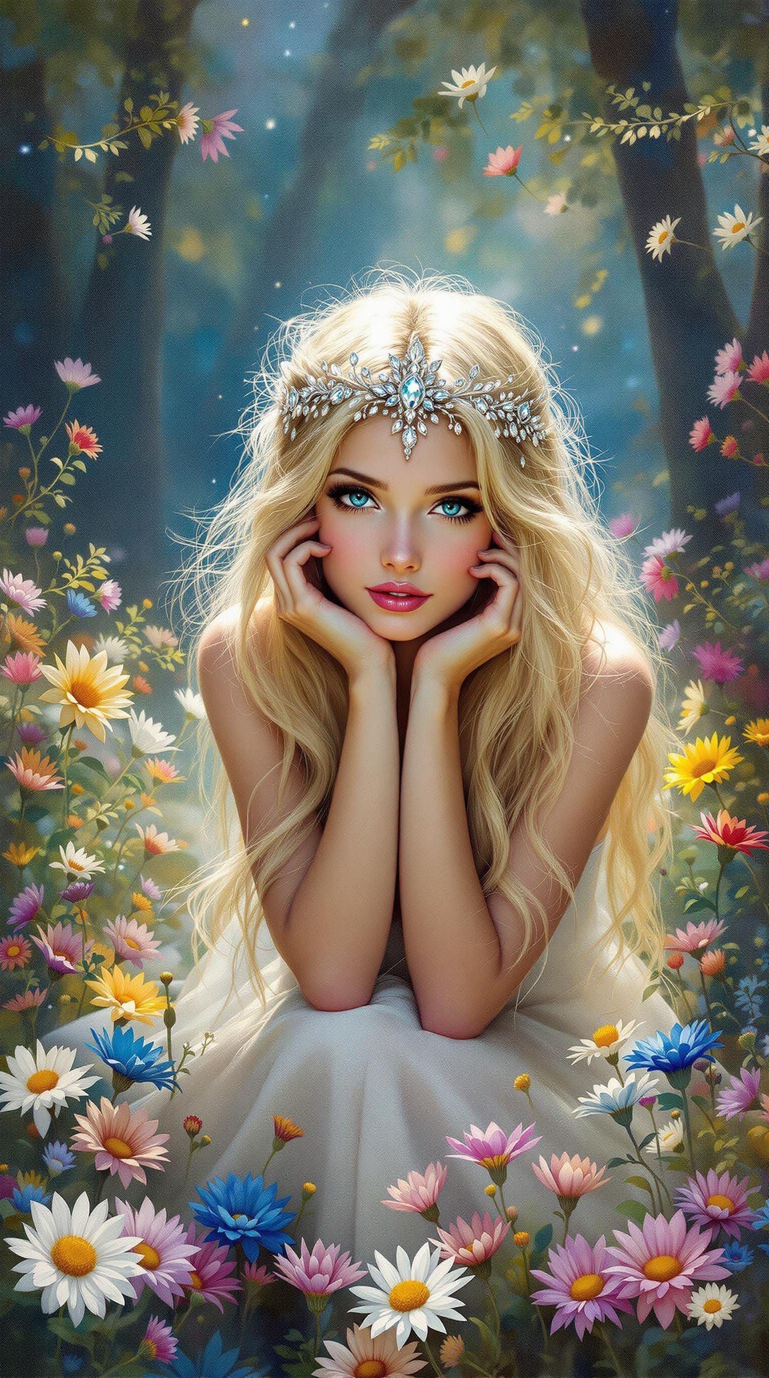 Fairy Woman in Colorful Forest: Oil Painting