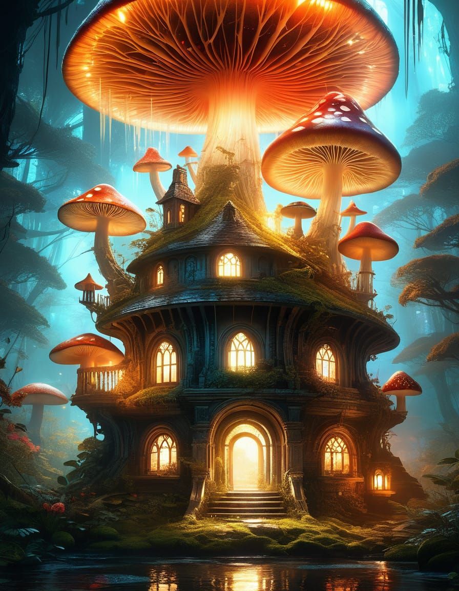 Whimsical Mushroom Abode in Ethereal Landscapes