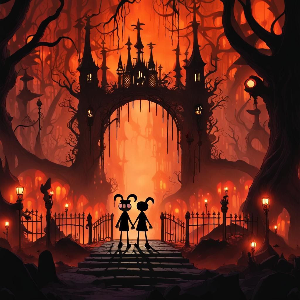 Billy and Mandy in a Gothic Underworld Cityscape