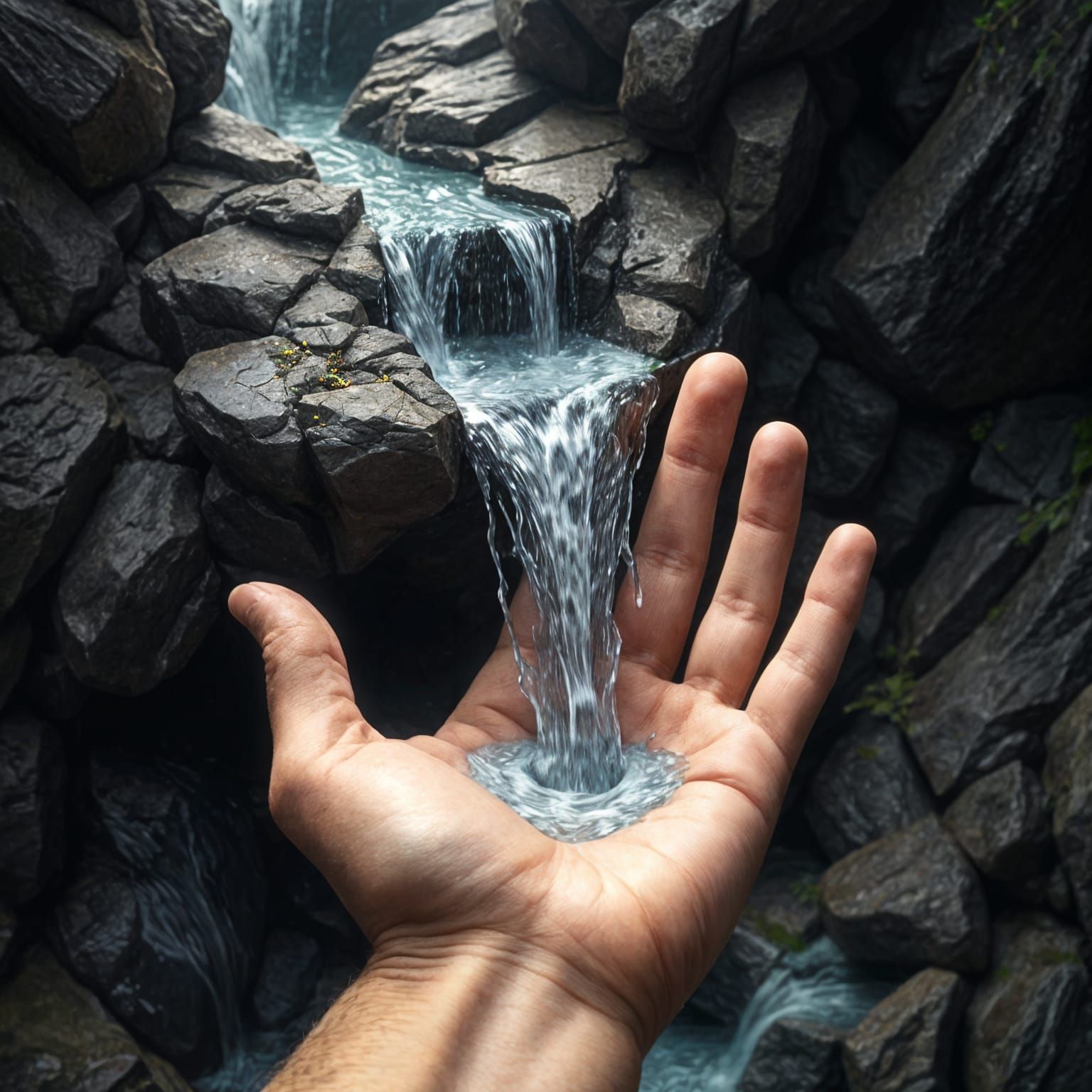 Hyperrealistic Waterfall Flowing From Hand