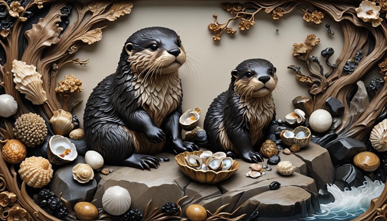 Otter Cracking Oysters: Asian-Style Carved Panel