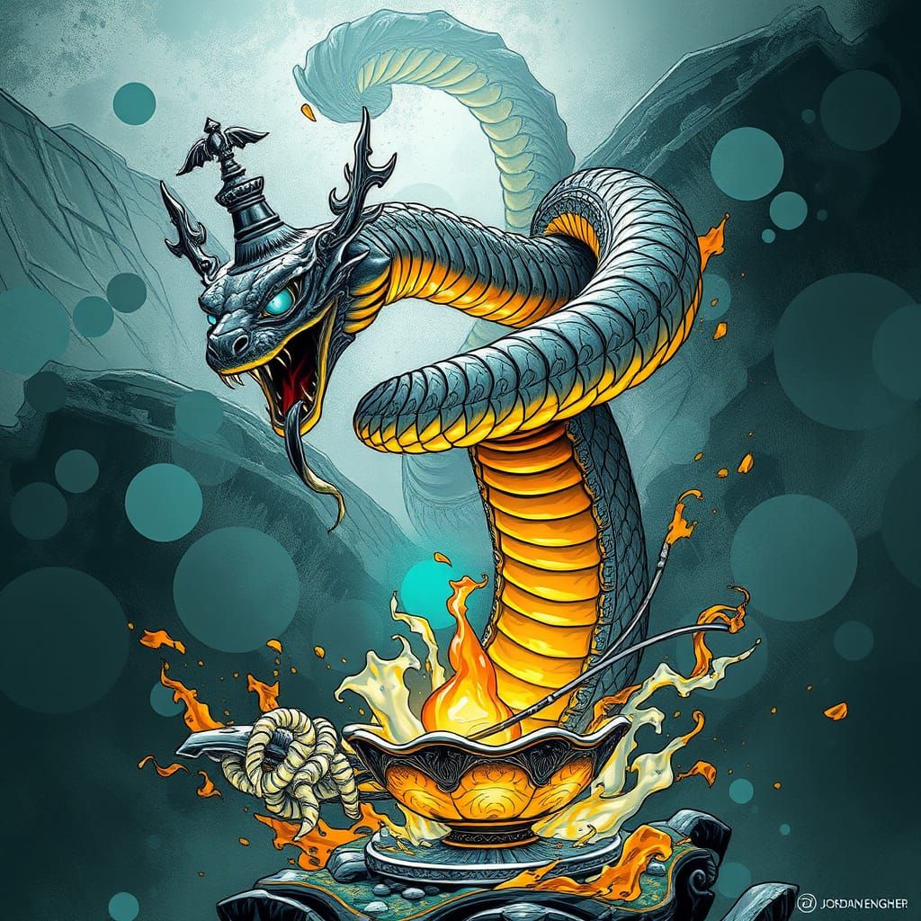 Serpent Genie Emerges from Oil Lamp in Black and White Line ...