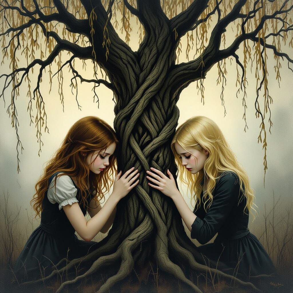 Sisters Weeping by a Gnarled Willow Tree