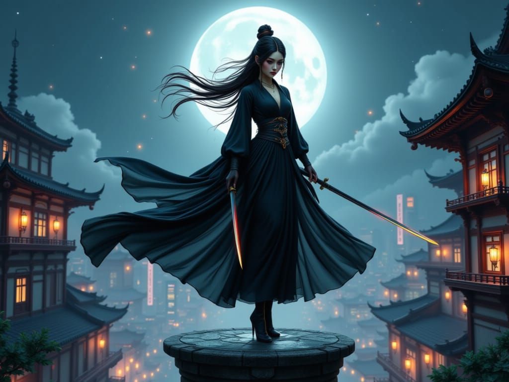 Elegant Female Ninja in Moonlight Cyberpunk City