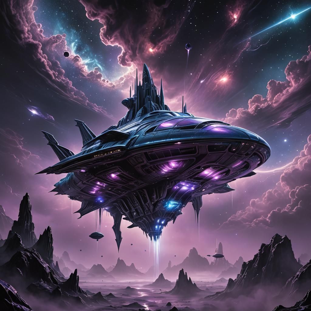 Ethereal Spaceship Amidst Glowing Gas Clouds