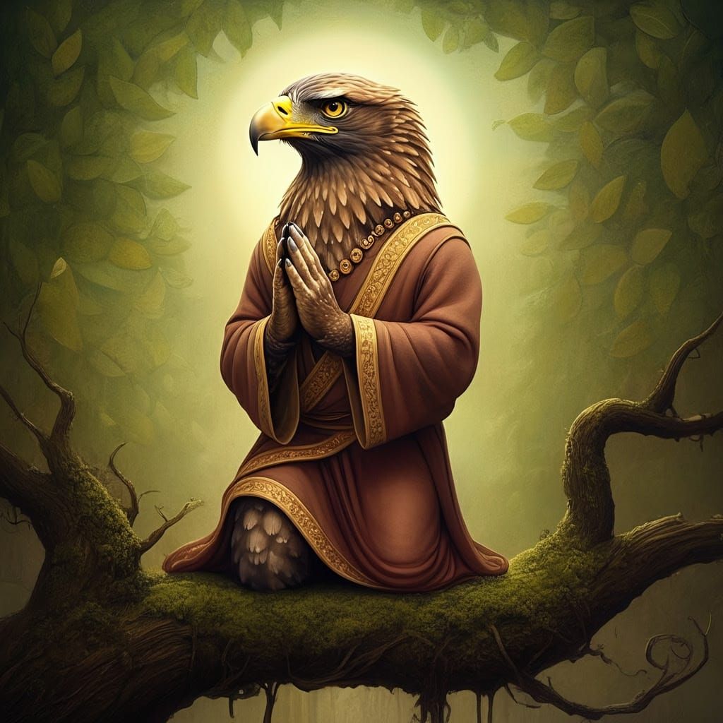 Eagle in Whimsical Prayerful Devotion