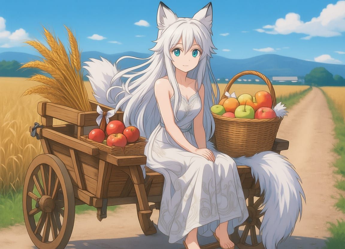 Wolf Girl in Carriage with Harvest Goods