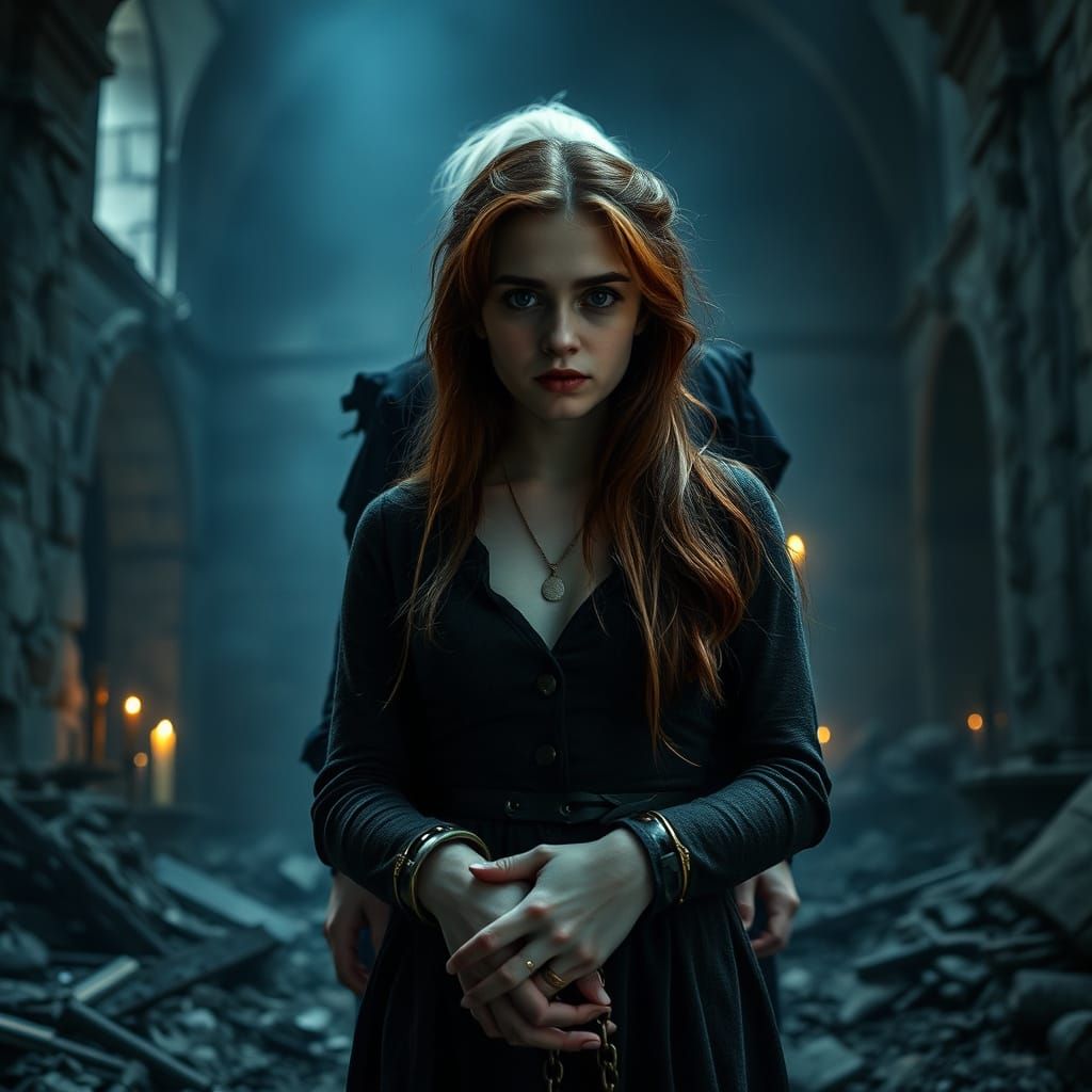 A Haunting Scene of Despair and Resilience in a Dark, Ruined...