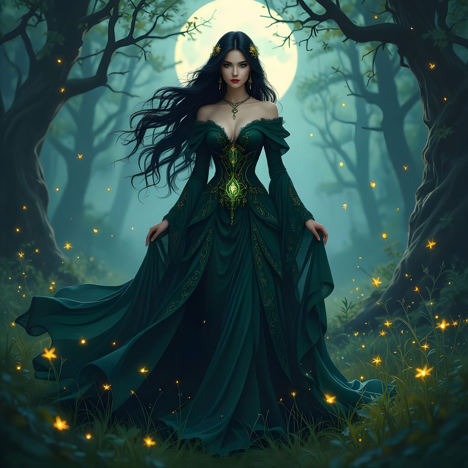 Mystical Witch in Forest Clearing, Fantasy Art