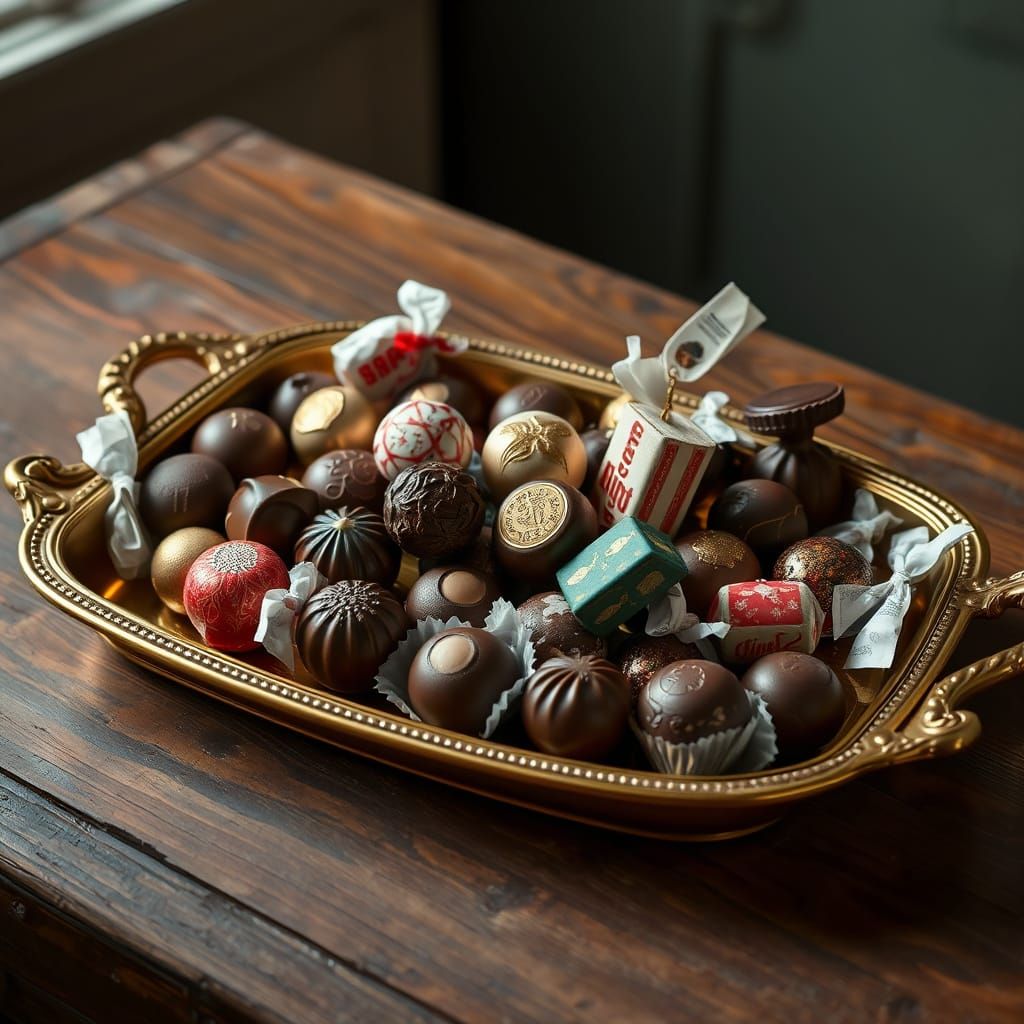Artisanal Chocolates on Golden Tray Still Life