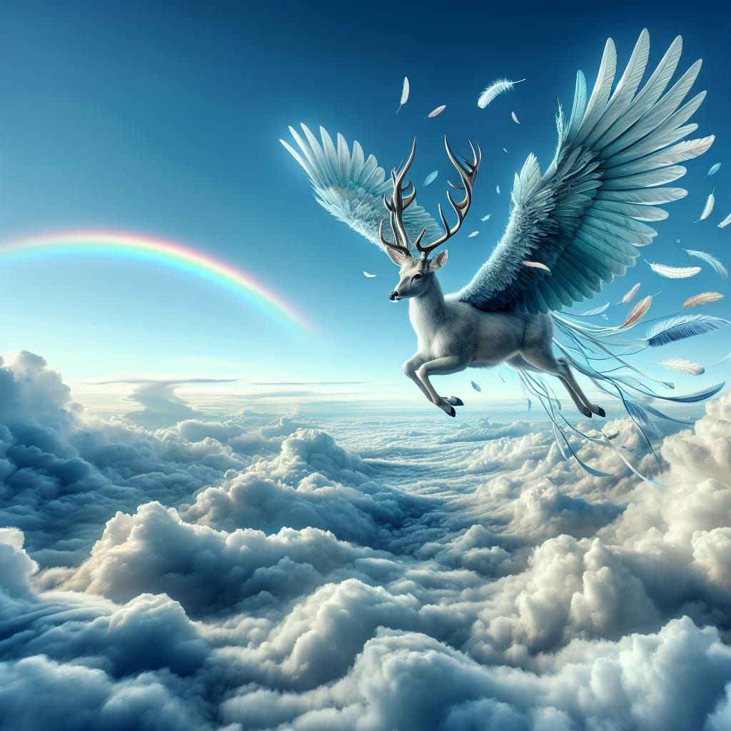 Winged Deer Soaring Above Dreamy Landscape