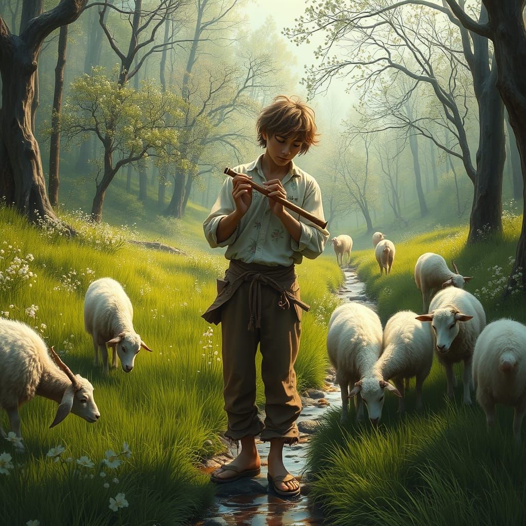 Pastoral Scene with Shepherd, Sheep and Rolling Earth