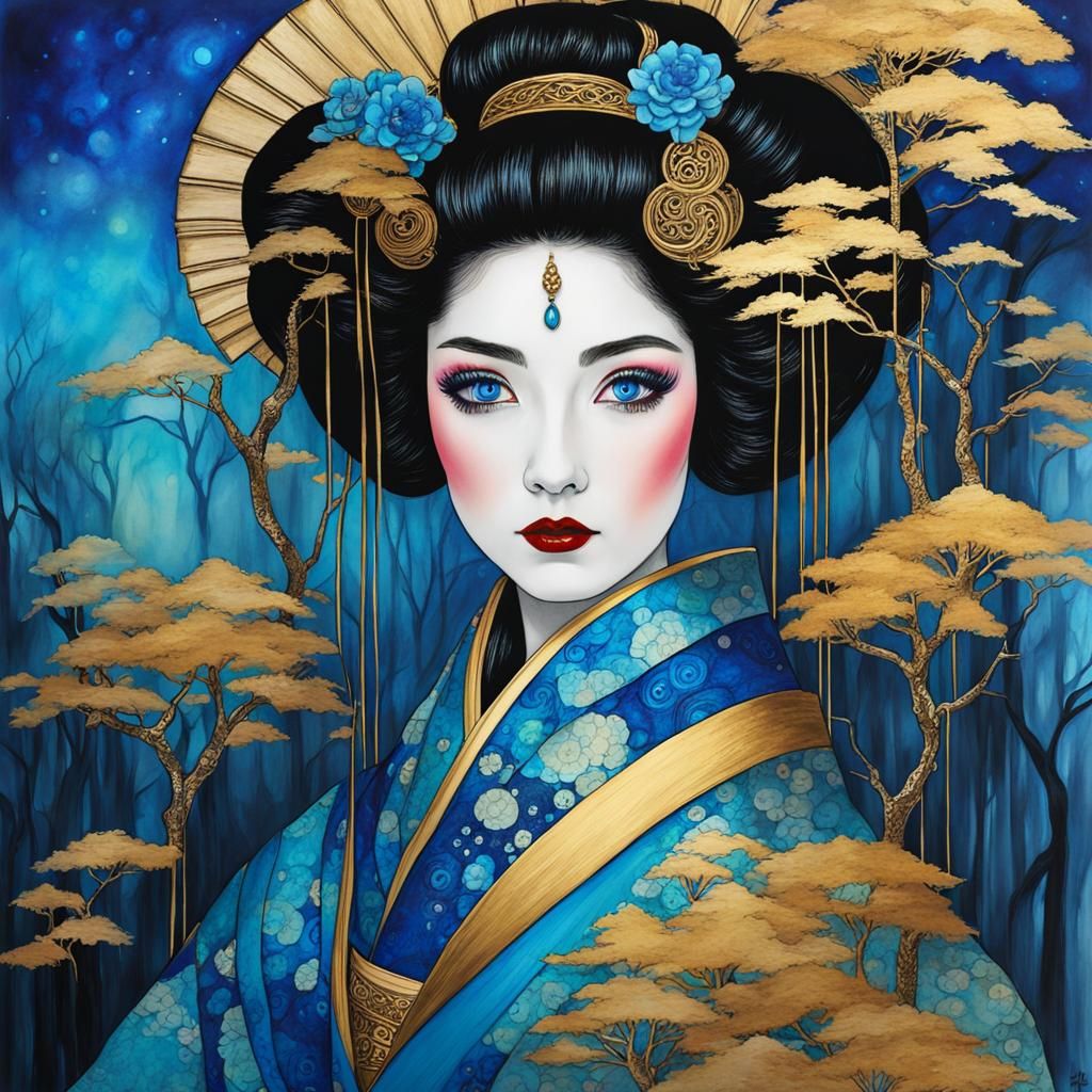 Blue-Eyed Geisha in Magical Forest, Fairytale Art