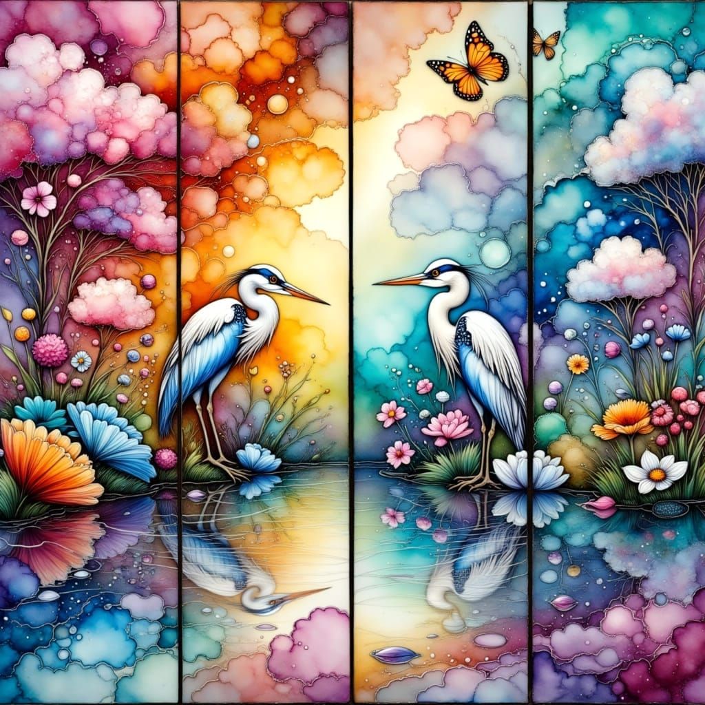 Panels of Whimsical Heron Scenes in Vibrant Pastel Hues