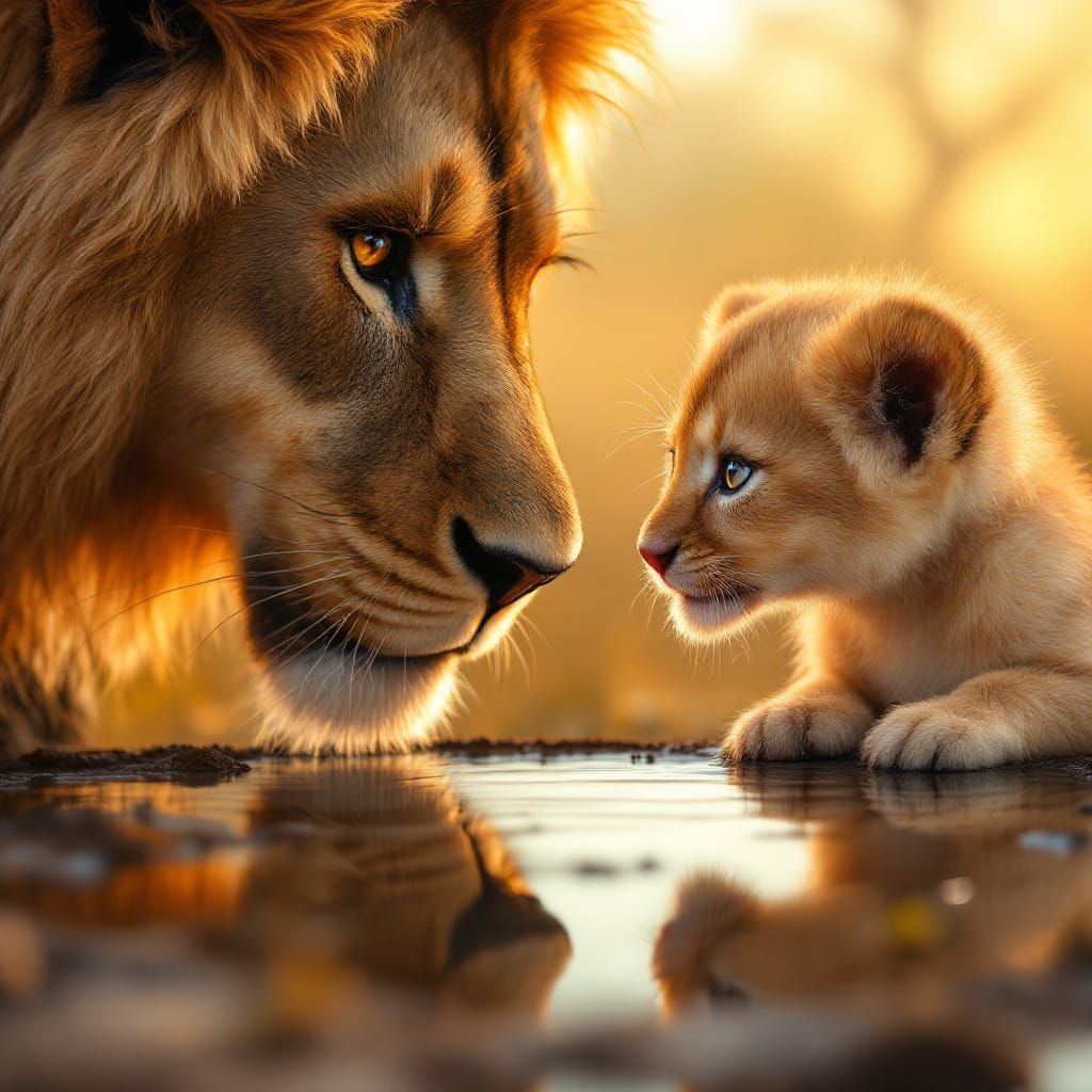 Lion Cub Reflection: Majestic Savannah Portrait