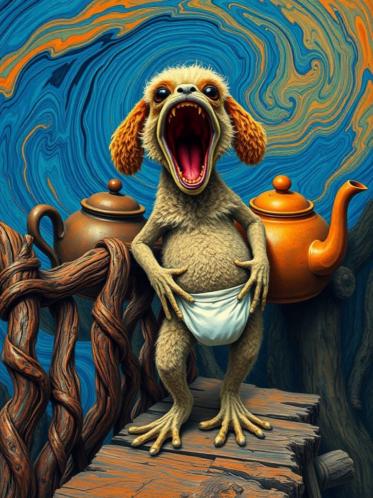 An intensely emotive anthropomorphic screaming frog/poodle h...