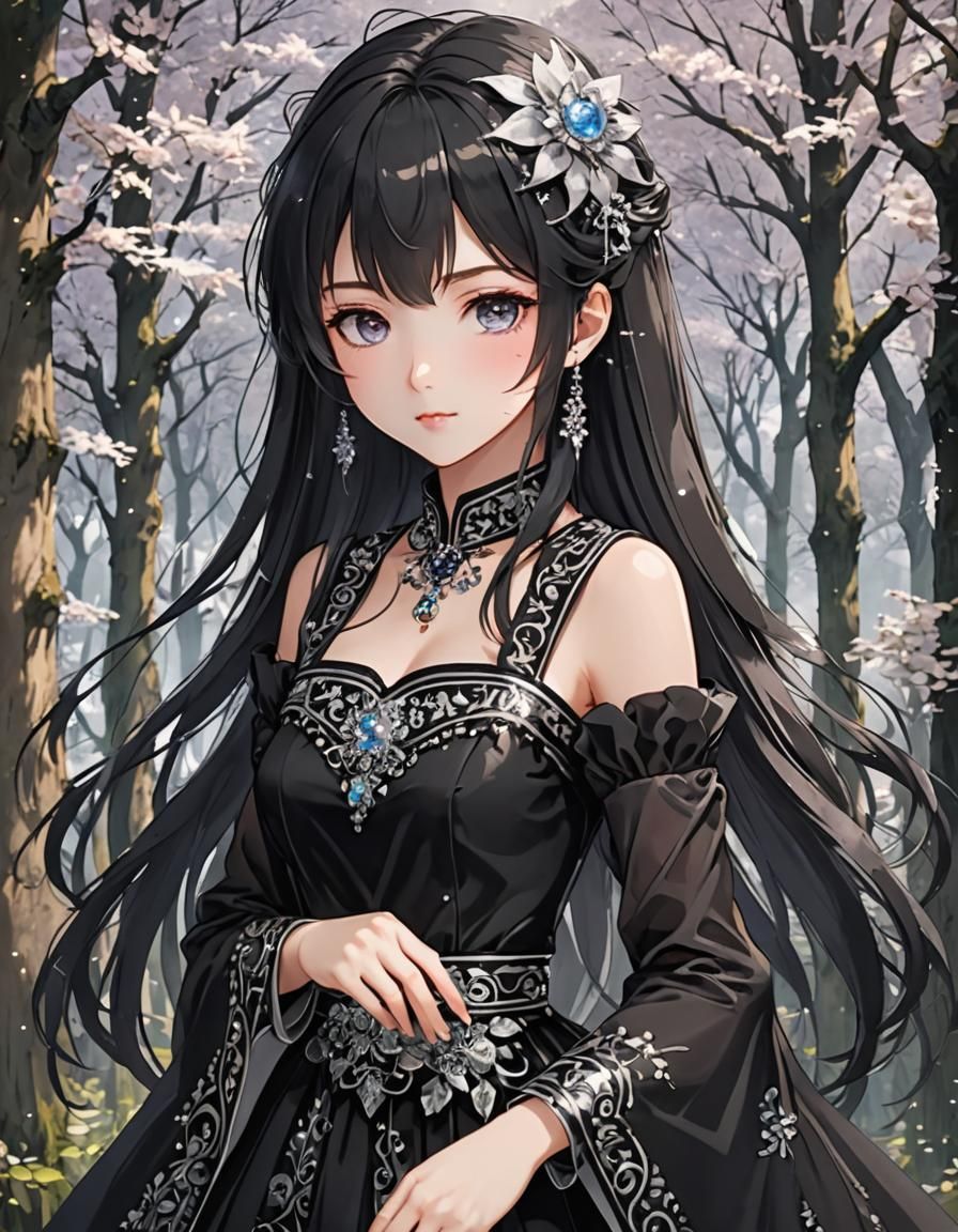 Anime Girl in Glittering Black and Silver Dress