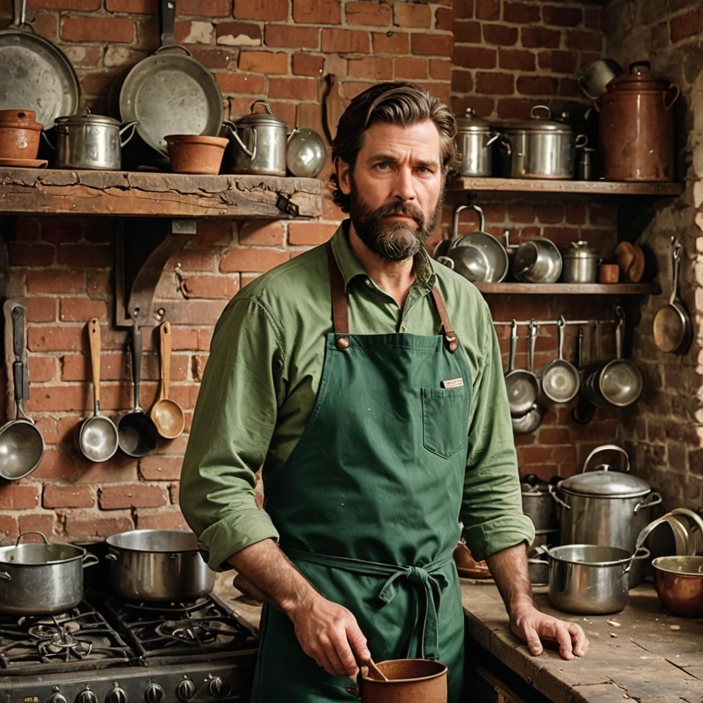 Man in Green Apron in Rustic Kitchen