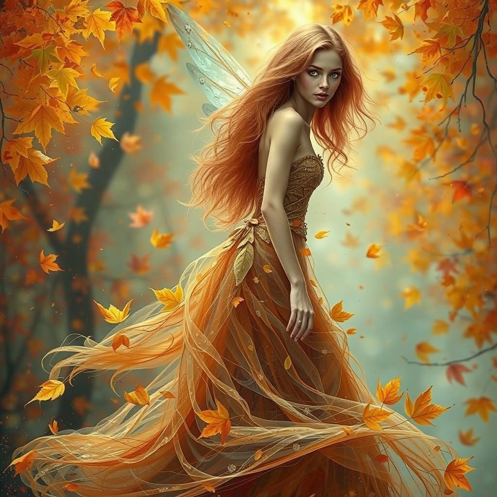 Ethereal Fairy Woman in Autumn Leaf Gown