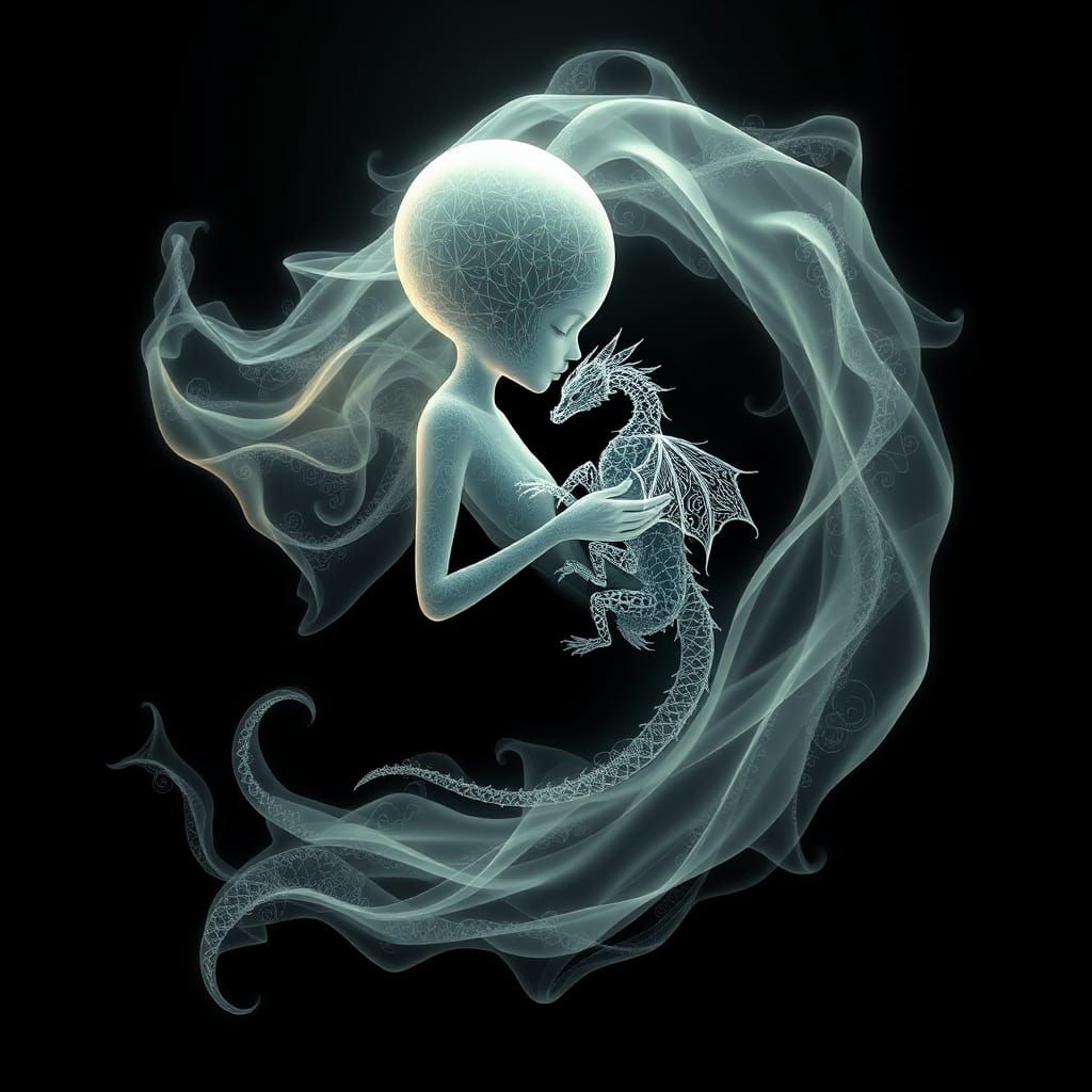 Ethereal Being with Dragon in Abstract Vector Style