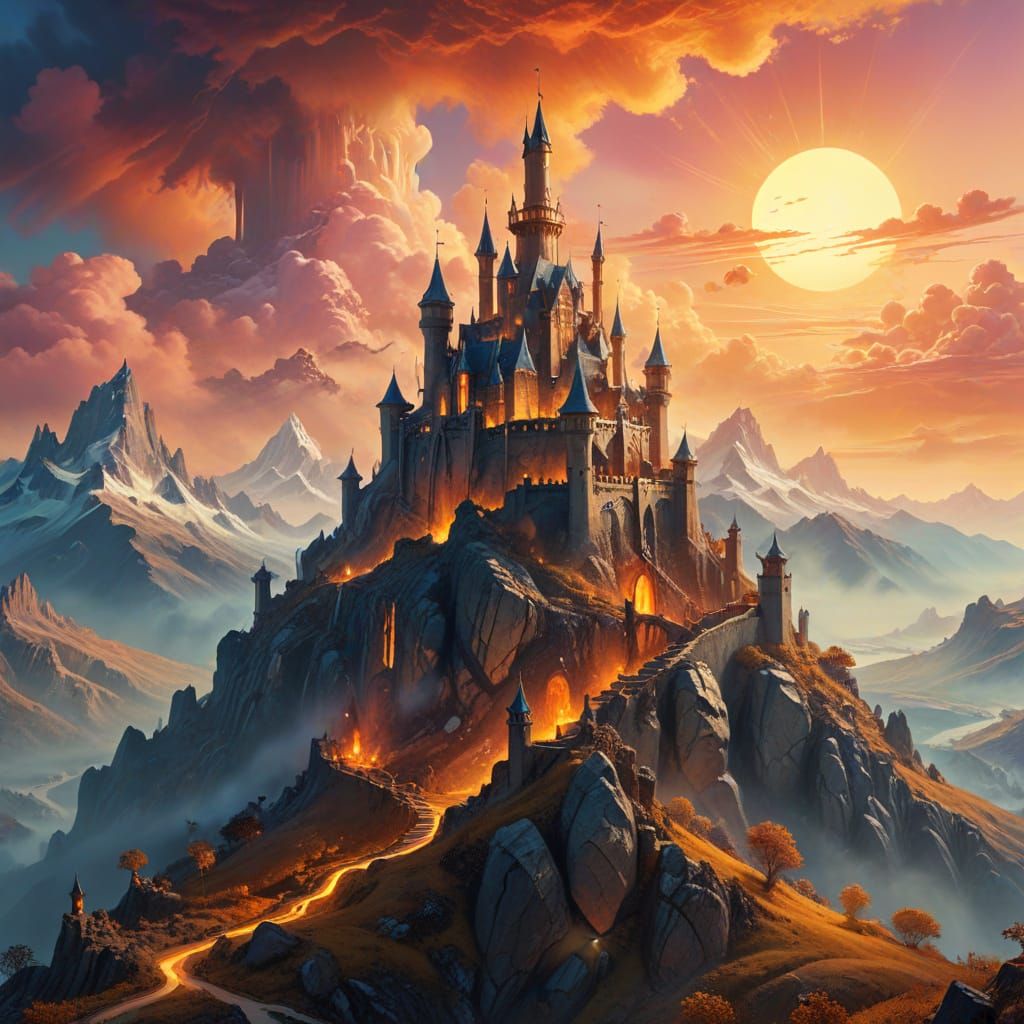 Surreal Fantasy Castle in Mountains as Oil Painting