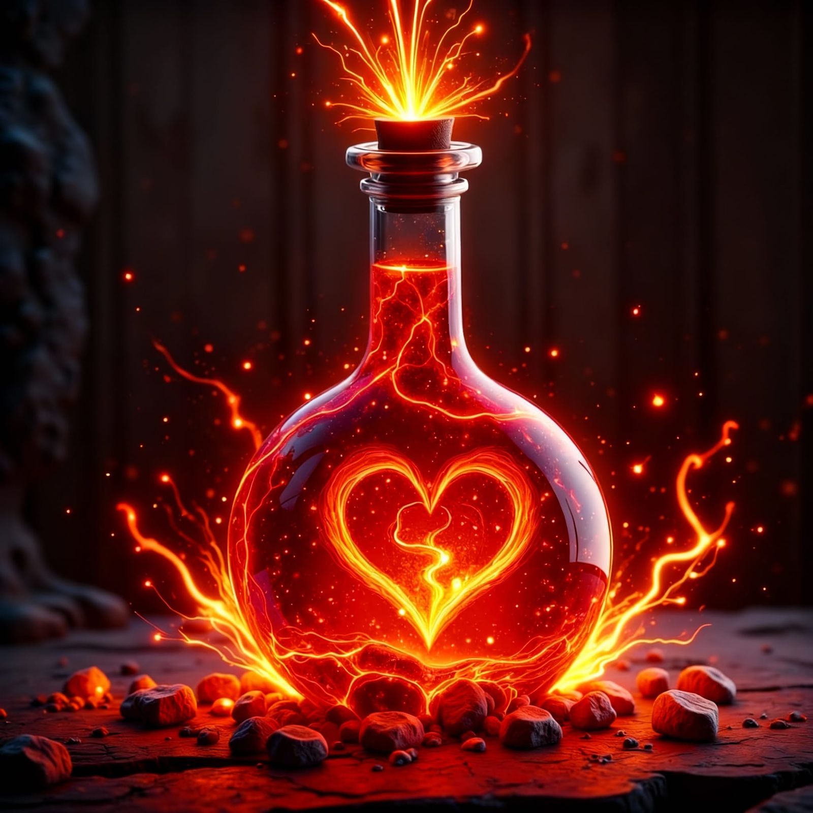 Fiery Potion Flask with Heart Embers in Painterly Drama Styl...