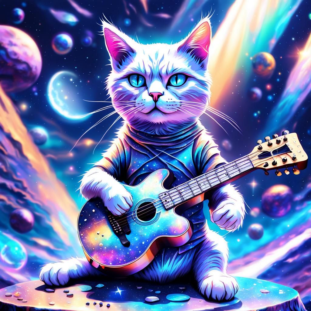 Cosmic Cat Plays Guitar in Holographic Illustration