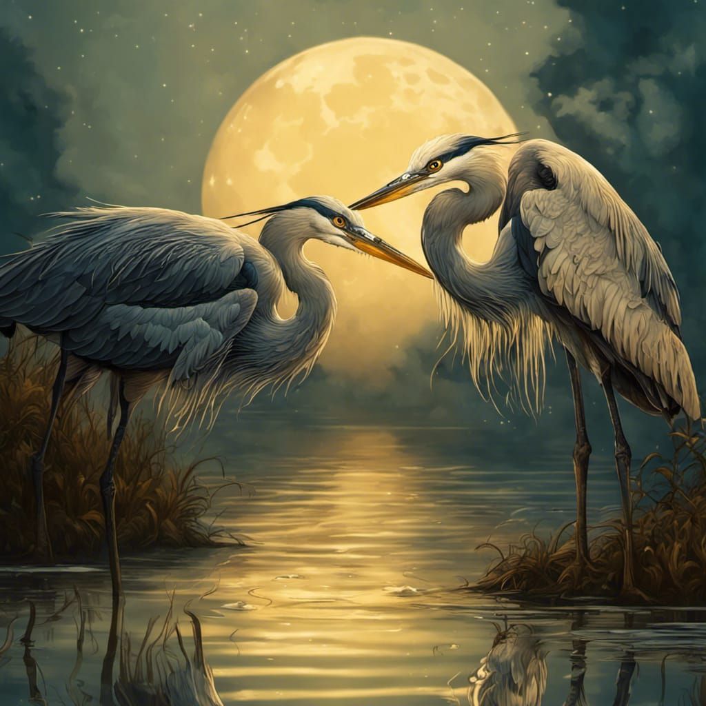 Herons Wading in Moonlight Pond: Comic Book Art