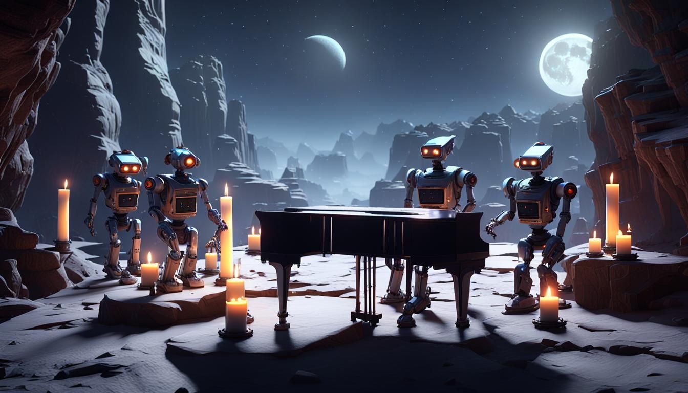 Robots Perform Music in Canyon, 3D Rendered