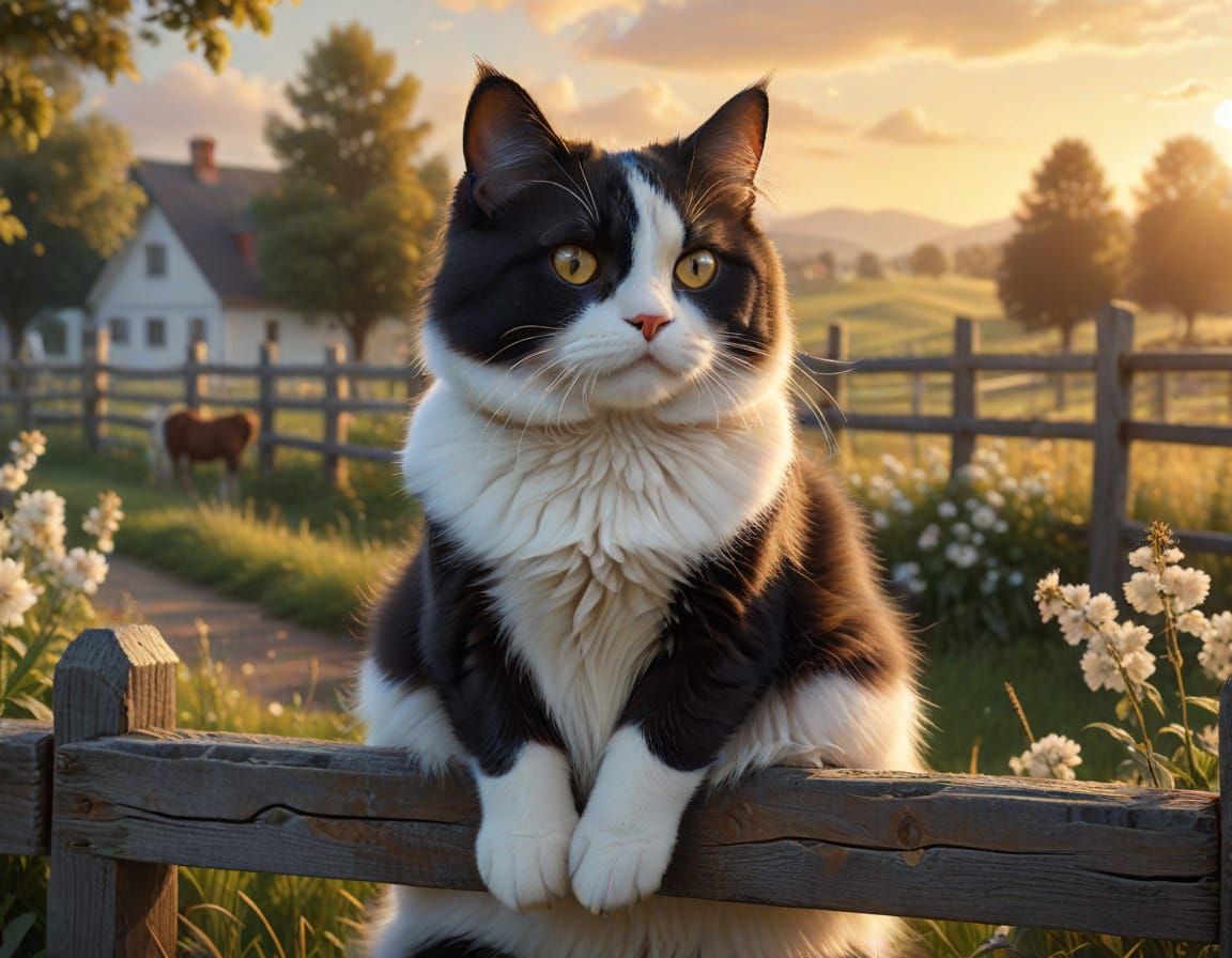 Fluffy Calico Tuxedo Cat on Fence Overlooking Horses