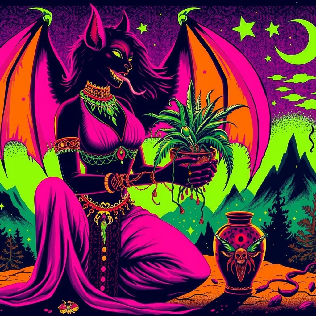 Bat Woman with Plant and Kebab: Psychedelic Art